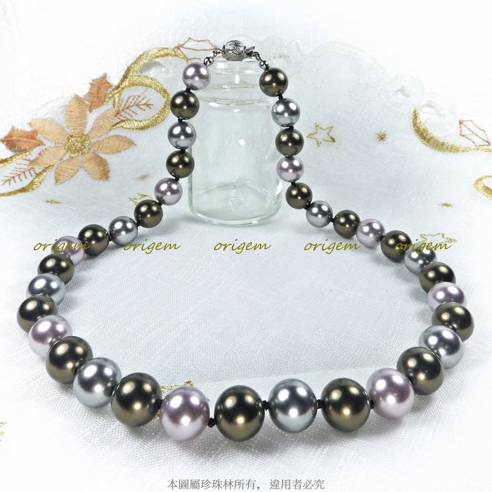 珍珠林~10MM一珠一結珍珠項鍊~南洋深海硨磲貝珍珠:黑、深灰與深蘭紫色#017+2