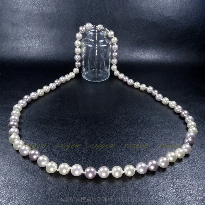 珍珠林~8MM一珠一結珍珠長項鍊~南洋深海硨磲貝珍珠:紫色、白色#277+2