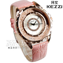 KEZZI珂紫 都會時尚腕錶 粉x玫瑰金色 皮革錶帶 女錶 KE742玫粉