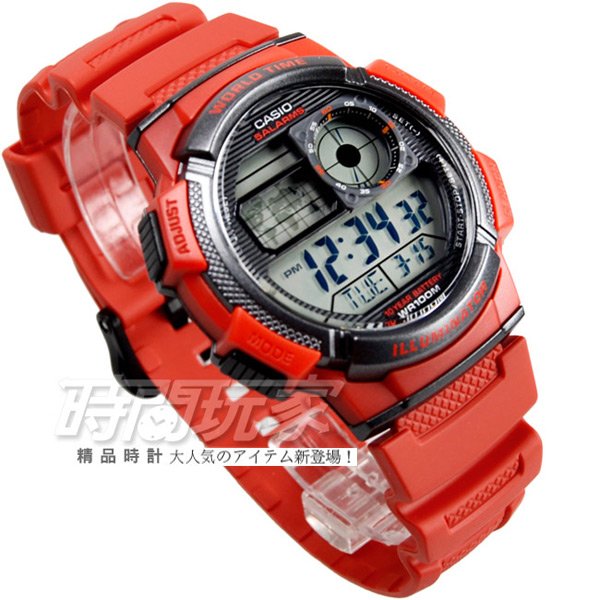 CASIO卡西歐 10年電力錶款 飛機儀表板造型 橡膠錶帶 電子錶 紅色 AE-1000W-4A AE-1000W-4AVDF