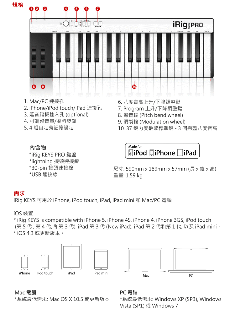 IK Mutimedia iRig Keys Pro 37鍵標準鍵MIDI鍵盤民風樂府