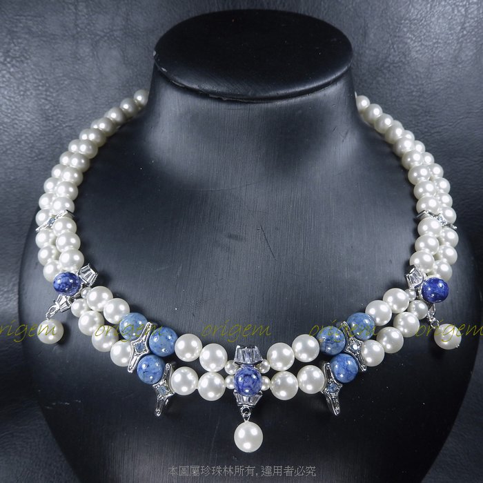 珍珠林~8m/m硨磲貝珍珠搭配南美藍石與梯鑽墬兩串式項鍊~限量發售 #865+2