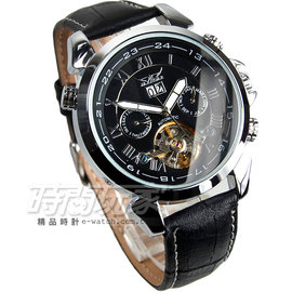 JARAGAR 全自動機械錶 雙日曆腕錶 皮革錶帶 男錶 J597黑 羅馬數字時刻 真三眼 防水手錶自動上鍊簍空