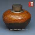 百樣茶葉罐 陶燒金色釉 雙色錫蓋茶罐 寬8.7高7.2 CM