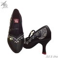Afa Pro-專業舞鞋 女摩登 黑緞 花鑽 斜腳背帶 國標舞鞋 P38403