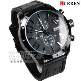 CURREN 仿三眼設計 雙色時尚潮流皮革腕錶 男錶 黑x灰 CU8243黑