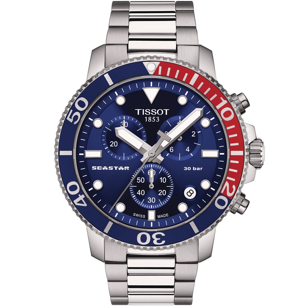 TISSOT 天梭 Seastar 海洋之星紅藍錶框300米潛水計時錶-45mm-T1204171104103