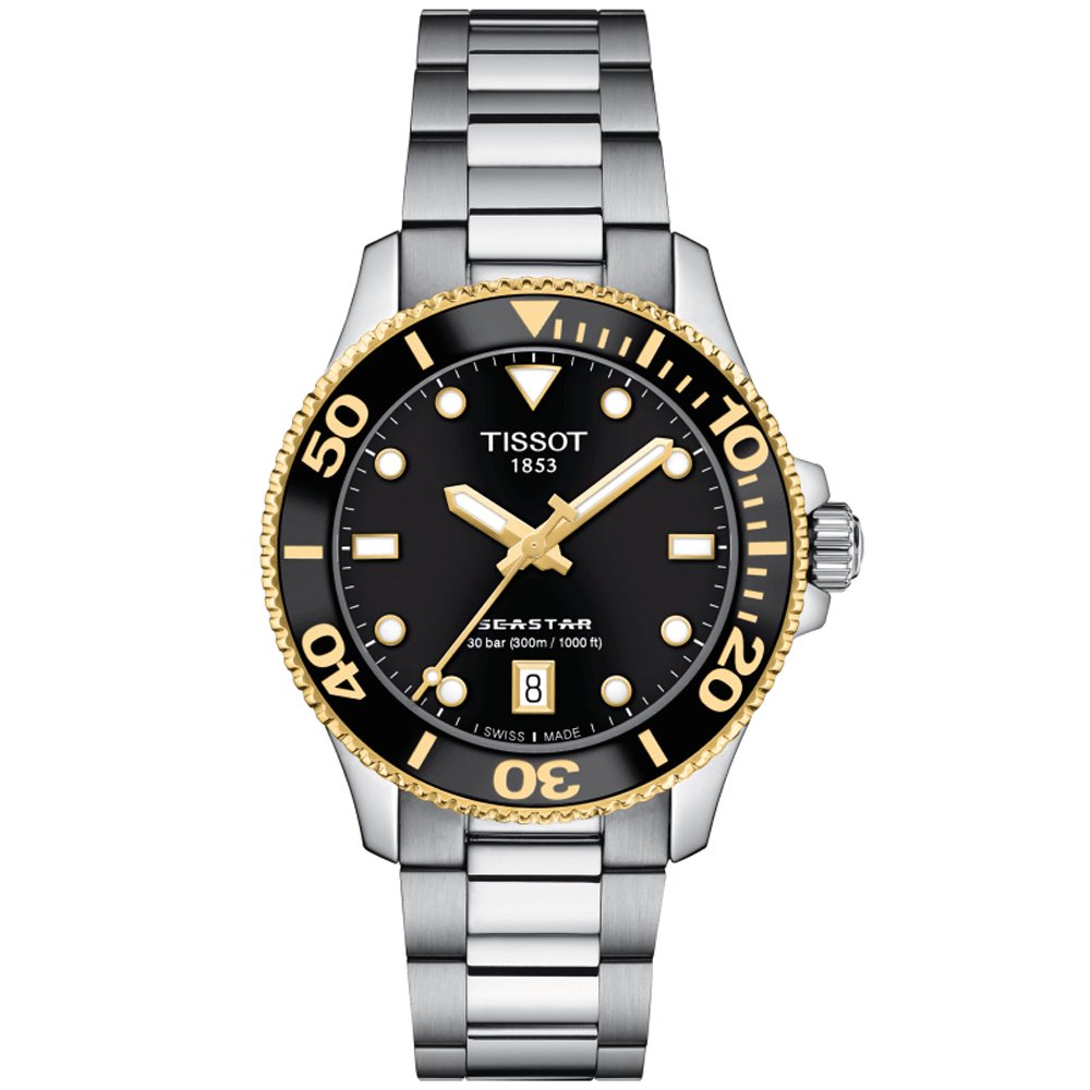 TISSOT 天梭 SEASTAR 1000 簡約時尚300米潛水運動腕錶-黑金-36mm-T1202102105100