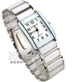 BETHOVEN 日本機芯 都會時尚 數字時刻 方形陶瓷錶 男錶 白色 BE2005白大