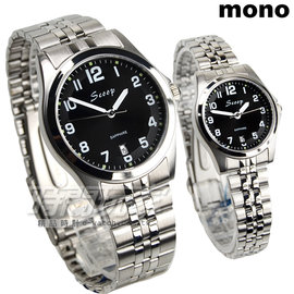 mono Scoop 數字時刻精美時尚腕錶 情人對錶 防水手錶 日期視窗 不銹鋼 SB1215字黑大+SB1215字黑小