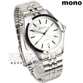 mono Scoop 簡約時刻精美時尚腕錶 男錶 防水手錶 日期視窗 不銹鋼 ZSB1215白大