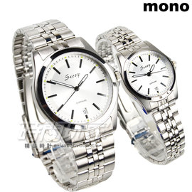 mono Scoop 簡約時刻精美時尚腕錶 情人對錶 防水手錶 日期視窗 不銹鋼 SB1215白大+SB1215白小