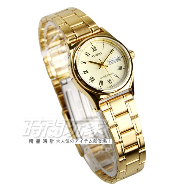 CASIO卡西歐 簡約羅馬時刻流行指針女錶 日期星期顯示 不銹鋼 金色電鍍 LTP-V006G-9B LTP-V006G-9BUDF