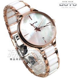 GOTO 純淨簡約陶瓷錶 日期顯示 珍珠螺貝面盤 白x玫瑰金 女錶 GS5373L-42-H41 時間玩家