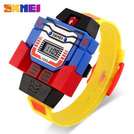 SKMEI 時尚創意手錶 兒童電子錶 可拆超人玩具錶 機器人 SK1095黃 兒童手錶 電子錶 變形金剛 時刻美