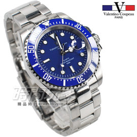 valentino coupeau 范倫鐵諾 夜光時刻 不銹鋼 防水手錶 男錶 藍色面盤 潛水錶水鬼 藍色 石英錶 V61589藍