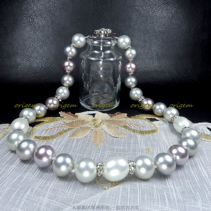 珍珠林~一珠一結12MM搭配蛋型珍珠項鍊~南洋硨磲貝霧面珍珠:深灰、淺灰、紫、白#529+3