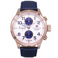 Tommy 美國時尚三眼流行風格優質皮革腕錶-玫瑰金+藍-1791139