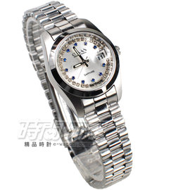 OMAX 閃耀時尚 城市圓錶 銀色不銹鋼帶 藍寶石水晶 鑽錶 女錶 日期視窗 OM4003BD小