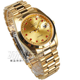 OMAX 閃耀時尚 城市圓錶 金色不銹鋼帶 藍寶石水晶 鑽錶 男錶 日期視窗 OM4002R全金大