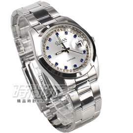 OMAX 閃耀時尚 城市圓錶 銀色不銹鋼帶 藍寶石水晶 鑽錶 男錶 日期視窗 OM4003BD大