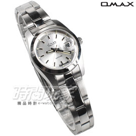 OMAX 時尚城市圓錶 銀色不銹鋼帶 藍寶石水晶 女錶 日期視窗 OM4003銀小