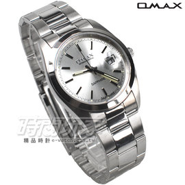 OMAX 時尚城市圓錶 銀色不銹鋼帶 藍寶石水晶 男錶 日期視窗 OM4003銀大