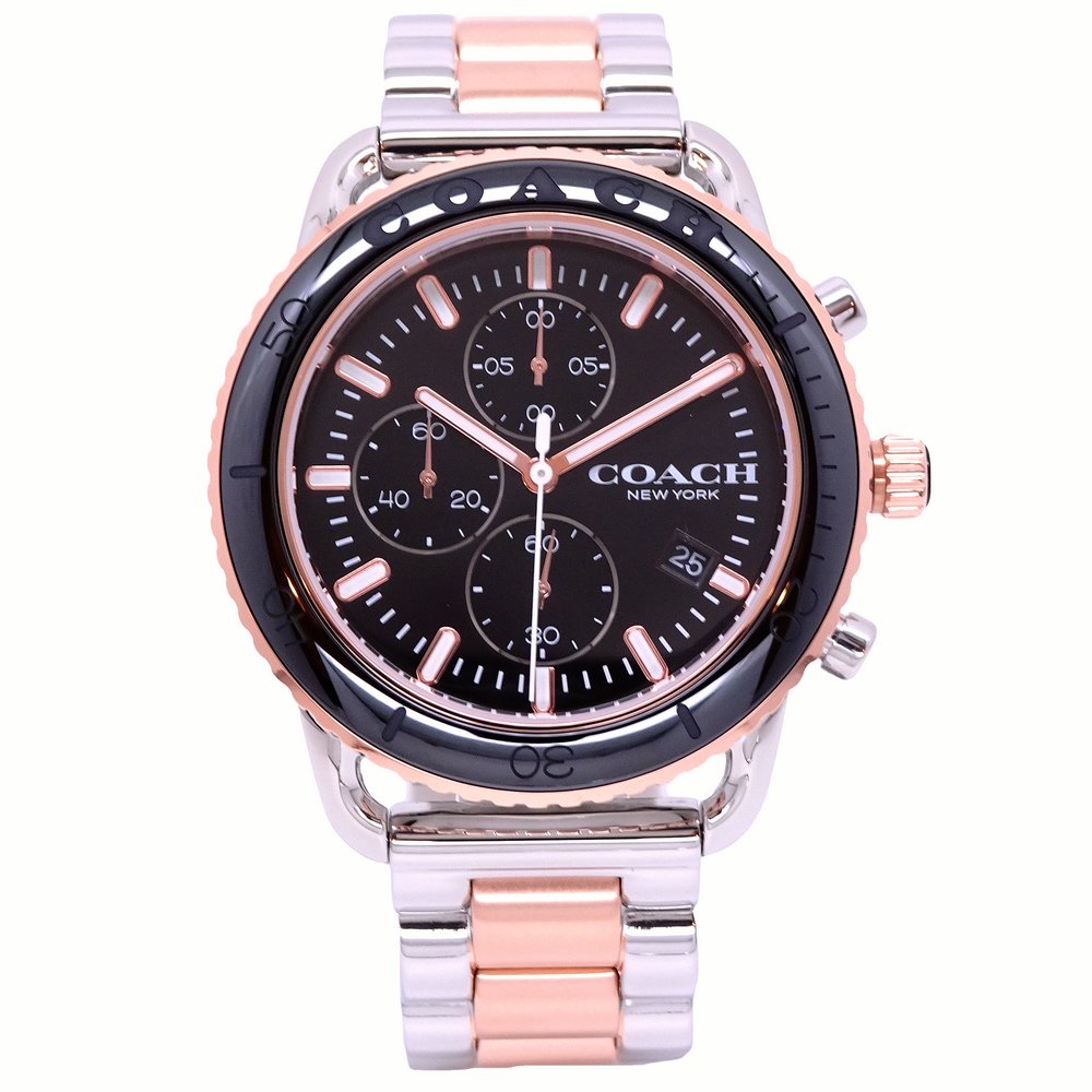 COACH 美國頂尖精品簡約時尚三眼計時陶瓷腕錶-黑+玫瑰金-14602597