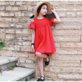 《童伶寶貝》ME055-韓國夏款立體紋大紅色女童性感露肩洋裝