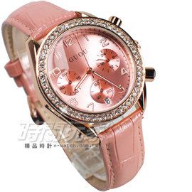 香港古歐 GUOU 閃耀時尚腕錶 三眼造型 日期顯示窗 真皮皮革錶帶 女錶 粉紅x玫瑰金 GU8103玫粉