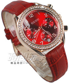 香港古歐 GUOU 閃耀時尚腕錶 三眼造型 日期顯示窗 真皮皮革錶帶 女錶 紅x玫瑰金 GU8103玫紅