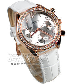 香港古歐 GUOU 閃耀時尚腕錶 三眼造型 日期顯示窗 真皮皮革錶帶 女錶 白x玫瑰金 GU8103玫白