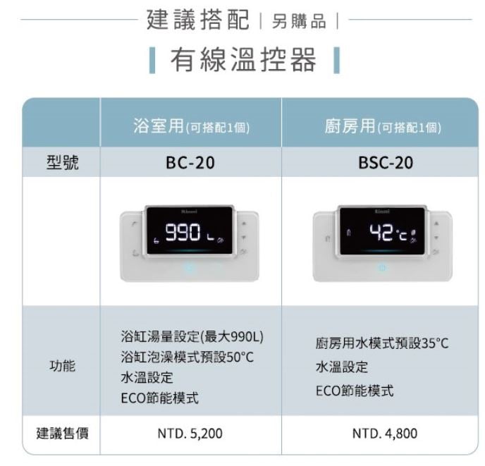 RUA-C1628WF-林內-16L-水量伺服器-黑玻-強排型-LOGO背光-湯量設定-熱水器-溫控器