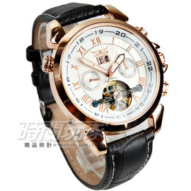 JARAGAR 全自動機械錶 雙日曆腕錶 皮革男錶 羅馬數字時刻 真三眼防水手錶 簍空 玫瑰金 J597玫白