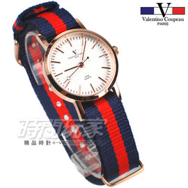 valentino coupeau 范倫鐵諾 法國巴黎風情 帆布錶帶 小圓錶/女錶 藍x紅x玫瑰金 V61576藍紅3