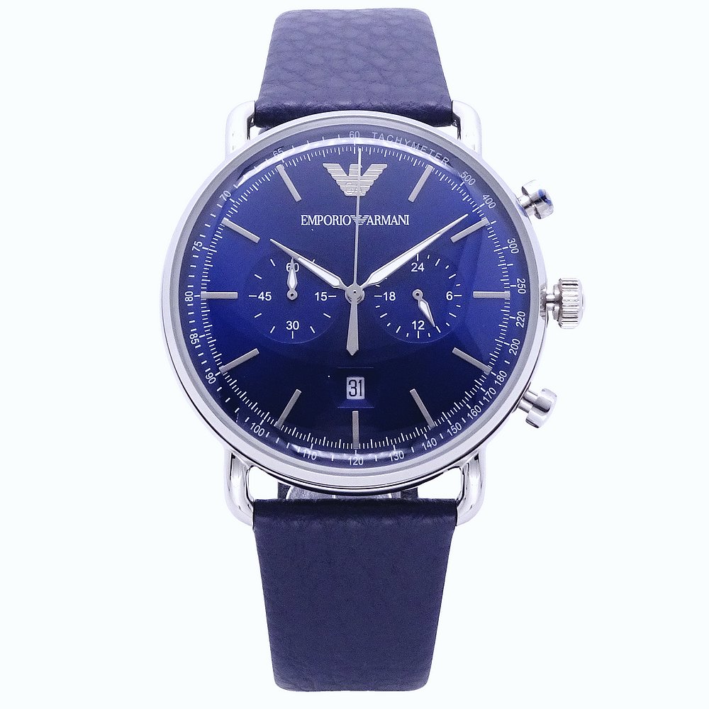 ARMANI 雙面時尚之神降臨優質品味皮革腕錶-藍色-AR11105
