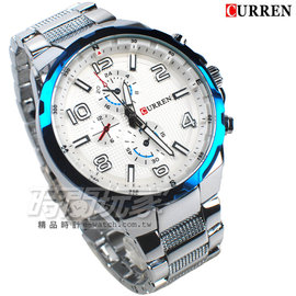 CURREN 卡瑞恩 數字時刻 造型三眼 大錶徑腕錶 男錶 厚實 防水錶 CU8276藍