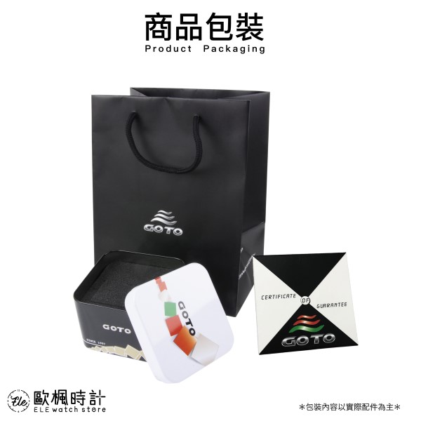 商品包裝Product PackagingGOTOGOTO 楓時計ELE watch GOTOCERTIFICATEGOTO*包裝內容以實際配件為主*