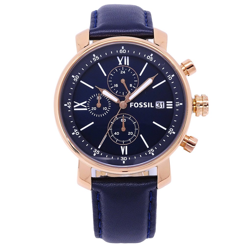 FOSSIL 美國最受歡迎頂尖運動時尚三眼計時皮革腕錶-藍-BQ1704