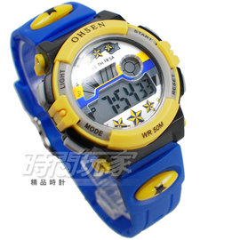 OHSEN 繽紛色彩 多功能計時碼錶 電子錶 女錶 兒童手錶 防水手錶 夜光 男童 女童 O1603黃藍