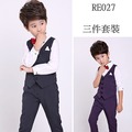 《童伶寶貝》RE027-韓版修身款男童直條紋三件套裝 花童 西裝套裝 畢業典禮