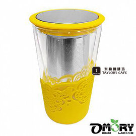 【OMORY】不鏽鋼濾網雙層耐熱玻璃杯 350ml (附蓋) - 4色