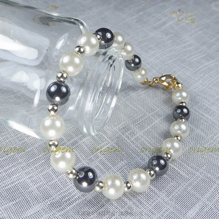珍珠林~6MM日本最高級水晶珍珠手鍊~搭配黑膽石(整套購買特價$1199)#285+8