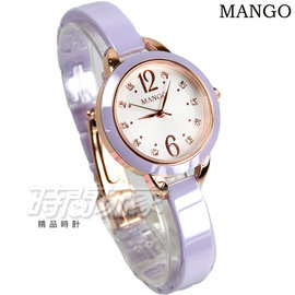 MANGO 時尚品牌 公司貨 優雅晶鑽時尚陶瓷手錶 玫瑰金x白x紫 藍寶石水晶 女錶 MA6717L-77