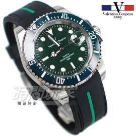 valentino coupeau 范倫鐵諾 夜光時刻 不鏽鋼 防水手錶 男錶 橡膠 潛水錶 水鬼 石英錶 V61589膠綠
