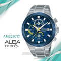 CASIO時計屋 ALBA 雅柏手錶 AM3297X1 三眼計時男錶 不鏽鋼錶帶 藍+黃 防水100米 分段時間 日期顯示 全新品 保固一年 開發票