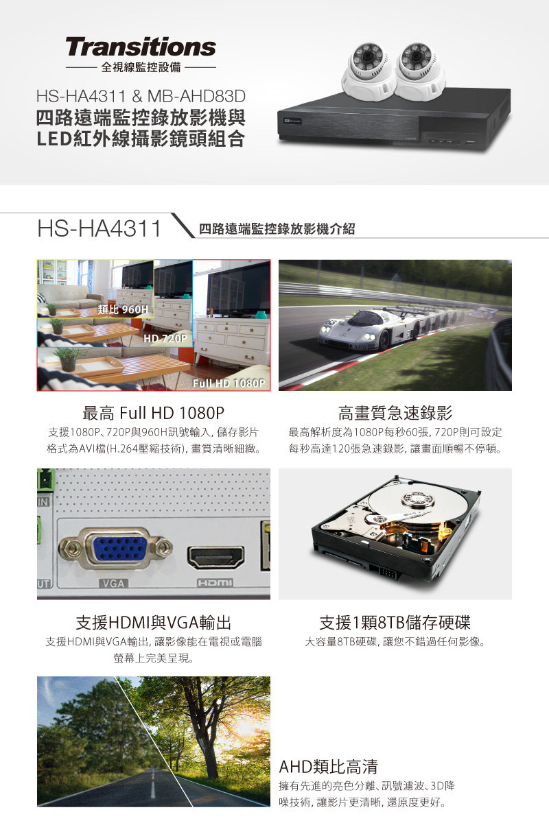 全視線 4路監視監控錄影主機(HS-HA4311)+LED紅外線攝影機(MB-AHD83D)*4 台灣製造