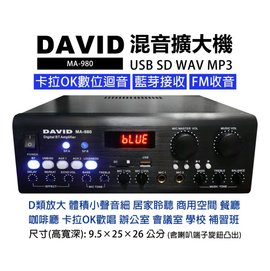 【昌明視聽】DAVID MA-980 數位混擴大機 歌唱K歌 藍芽 USB MP3 FM廣播收音 D類放大 體積小效率高
