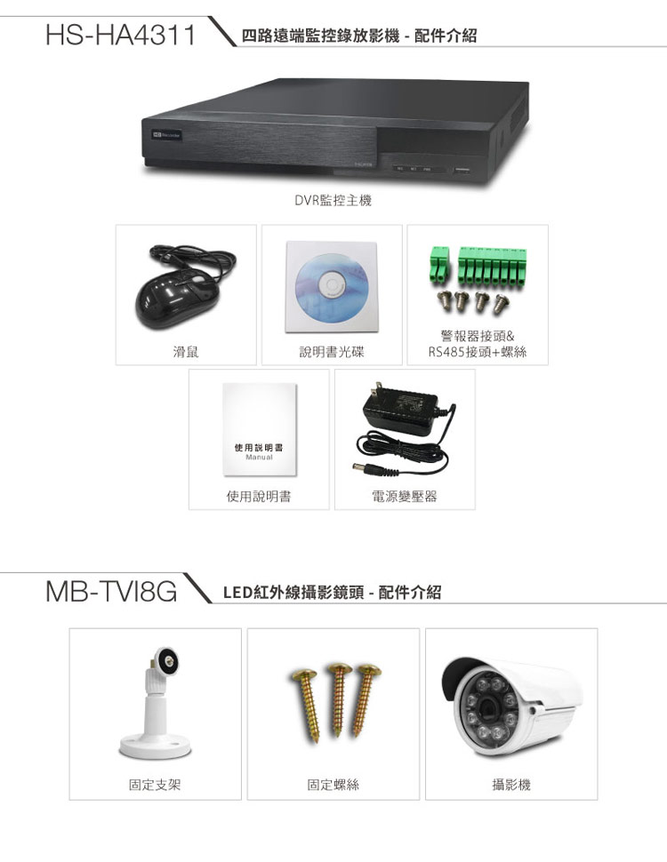 全視線 4路監視監控錄影主機(HS-HA4311)+LED紅外線攝影機(MB-TVI8G) 台灣製造
