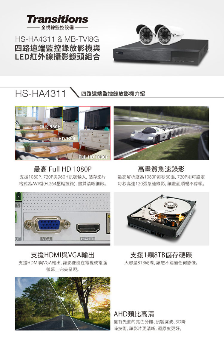 全視線 4路監視監控錄影主機(HS-HA4311)+LED紅外線攝影機(MB-TVI8G) 台灣製造